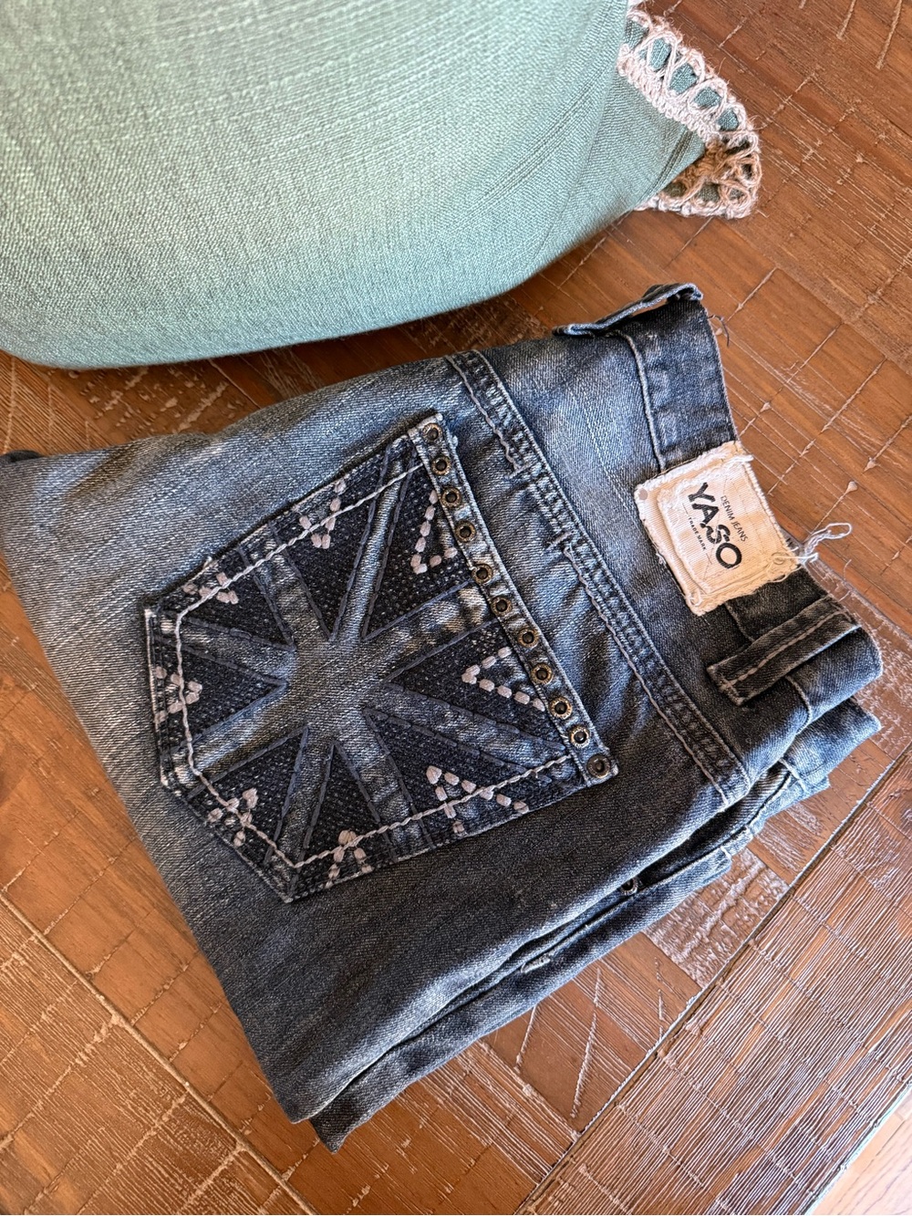 YASO Distressed Embellished Pocket Jeans - Blue - Picture 1 of 5